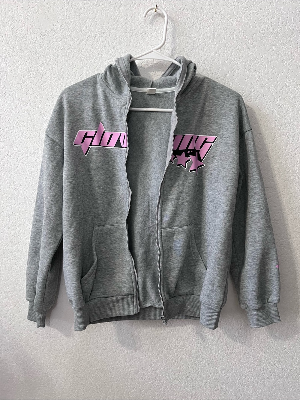 Grey Zip-Up Hoodie with Pink Graphic